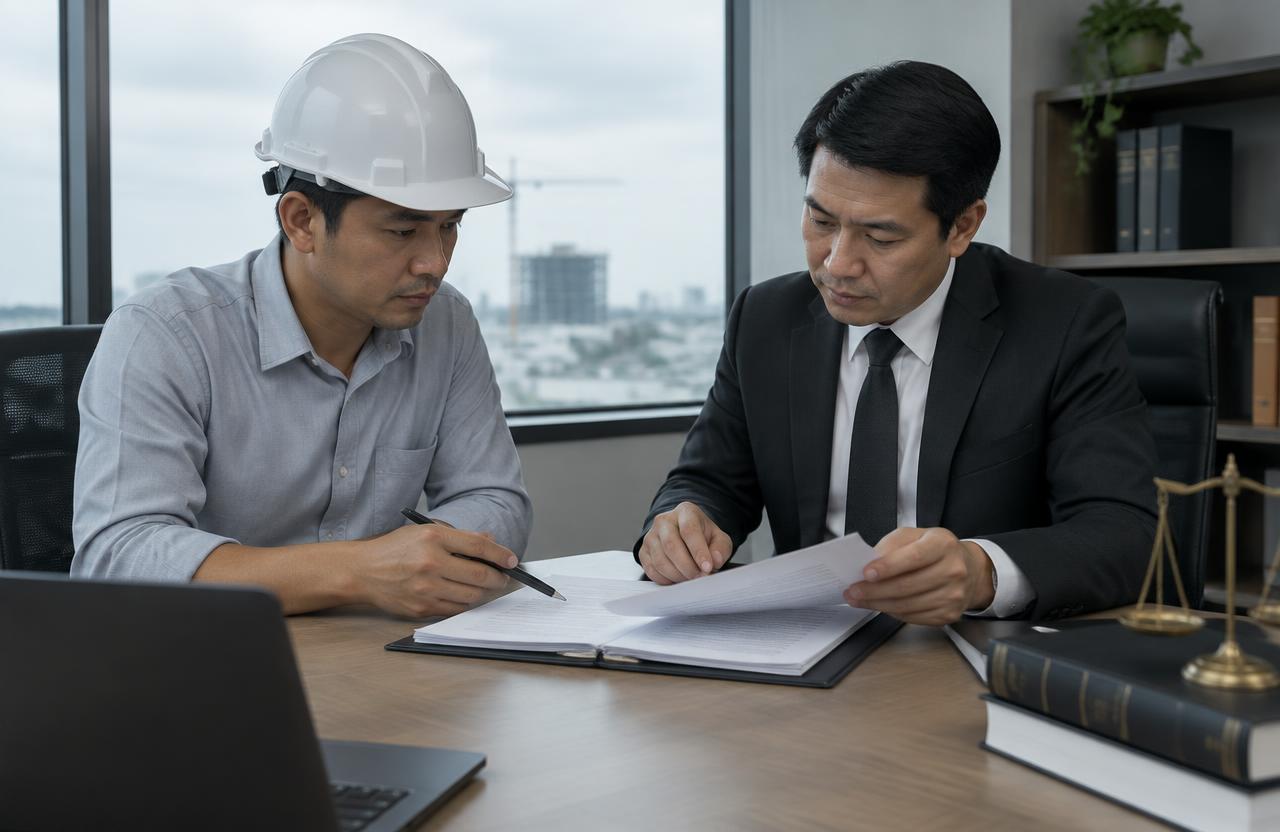 Thai construction engineer reviewing a work contract with a lawyer