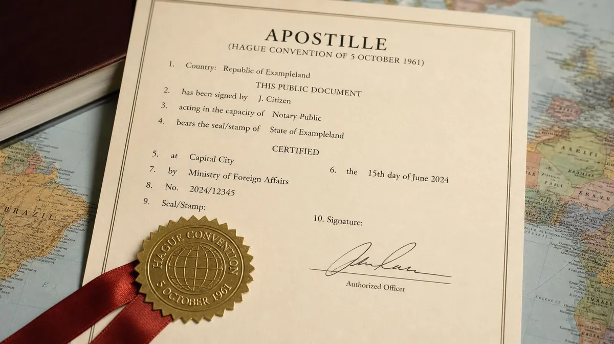 ใบรับรอง Apostille ตามอนุสัญญาเฮก 1961 พร้อมตราสีทองและริบบิ้นแดงบนแผนที่โลก