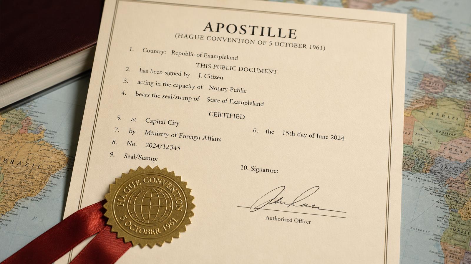 ใบรับรอง Apostille ตามอนุสัญญาเฮก 1961 พร้อมตราสีทองและริบบิ้นแดงบนแผนที่โลก