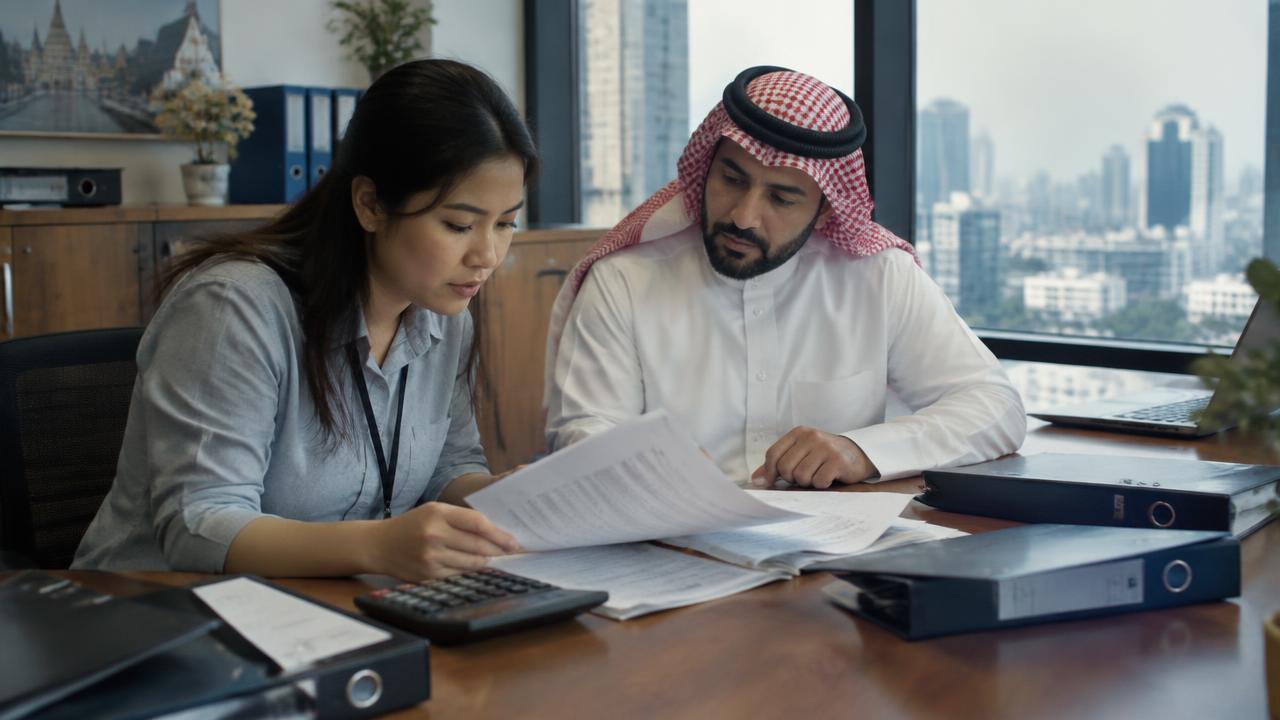 محاسبة تايلاندية تراجع الفواتير مع صاحب عمل في مكتب ببانكوك