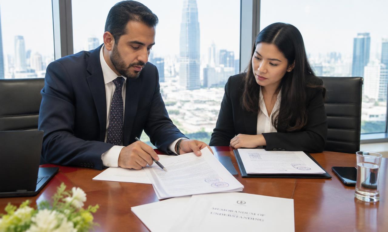 رجل أعمال عربي يراجع مذكرة تأسيس الشركة مع محامية تايلاندية في مكتب ببانكوك