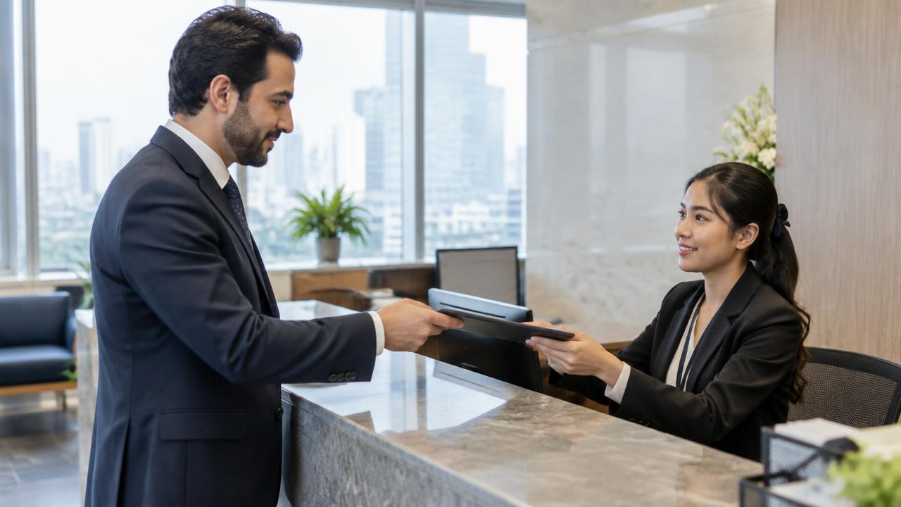 رجل أعمال يسلّم ملف مستندات لموظفة في مكتب ببانكوك