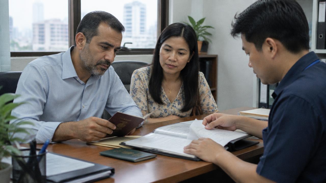 رجل عربي وزوجته التايلاندية يراجعان جوازات السفر والمستندات مع موظف في مكتب ببانكوك