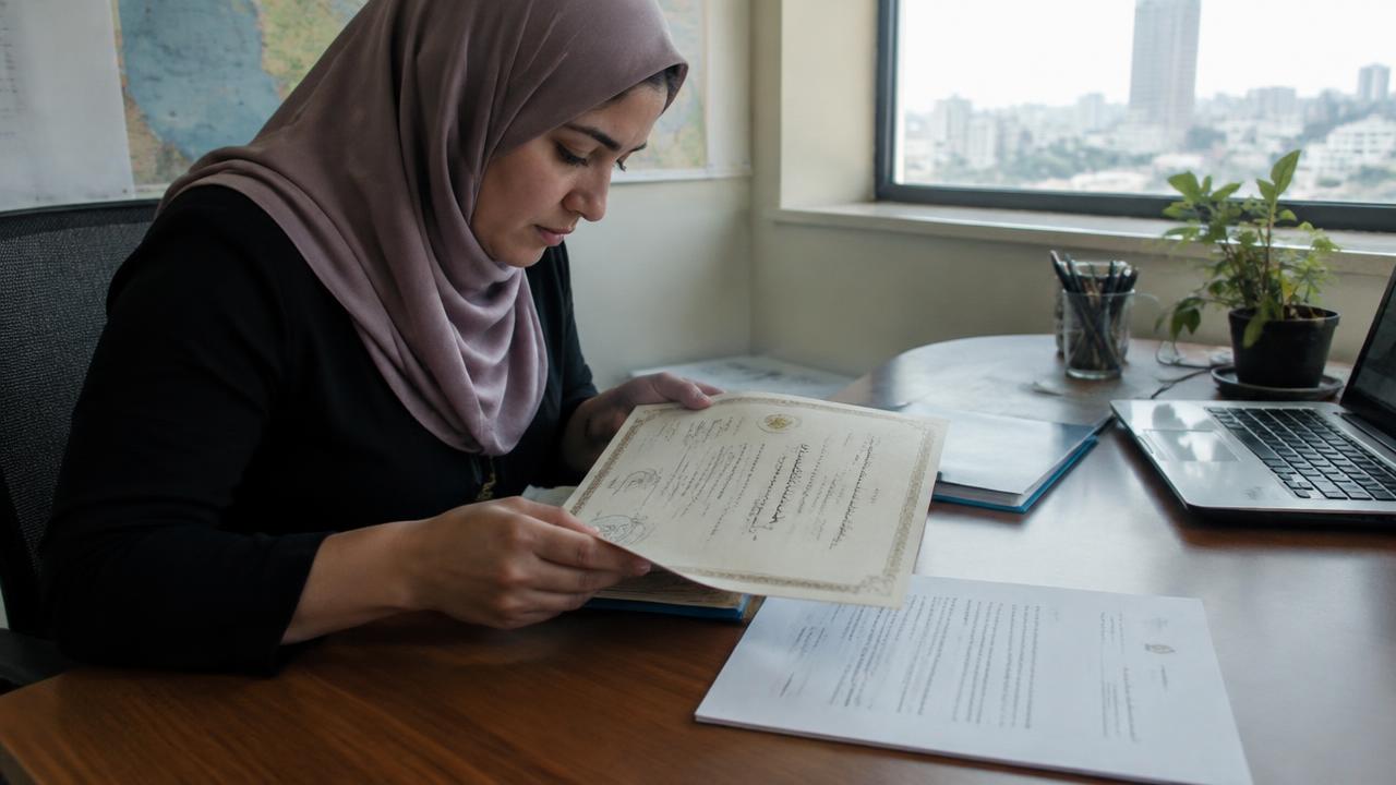 مترجمة في مكتب ببانكوك تراجع شهادة مكتوبة بالعربية مع ترجمتها الإنجليزية