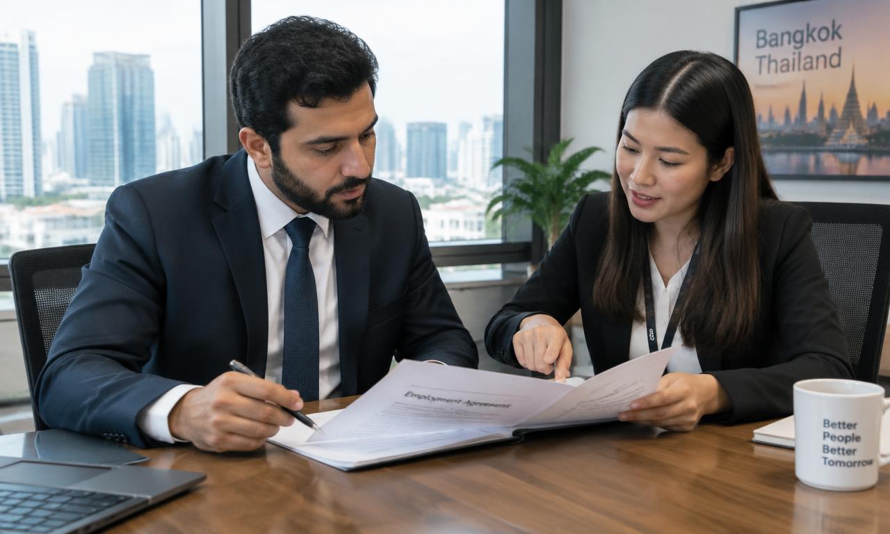 رجل أعمال يراجع عقد عمل مع أخصائية موارد بشرية تايلاندية على طاولة اجتماعات في بانكوك