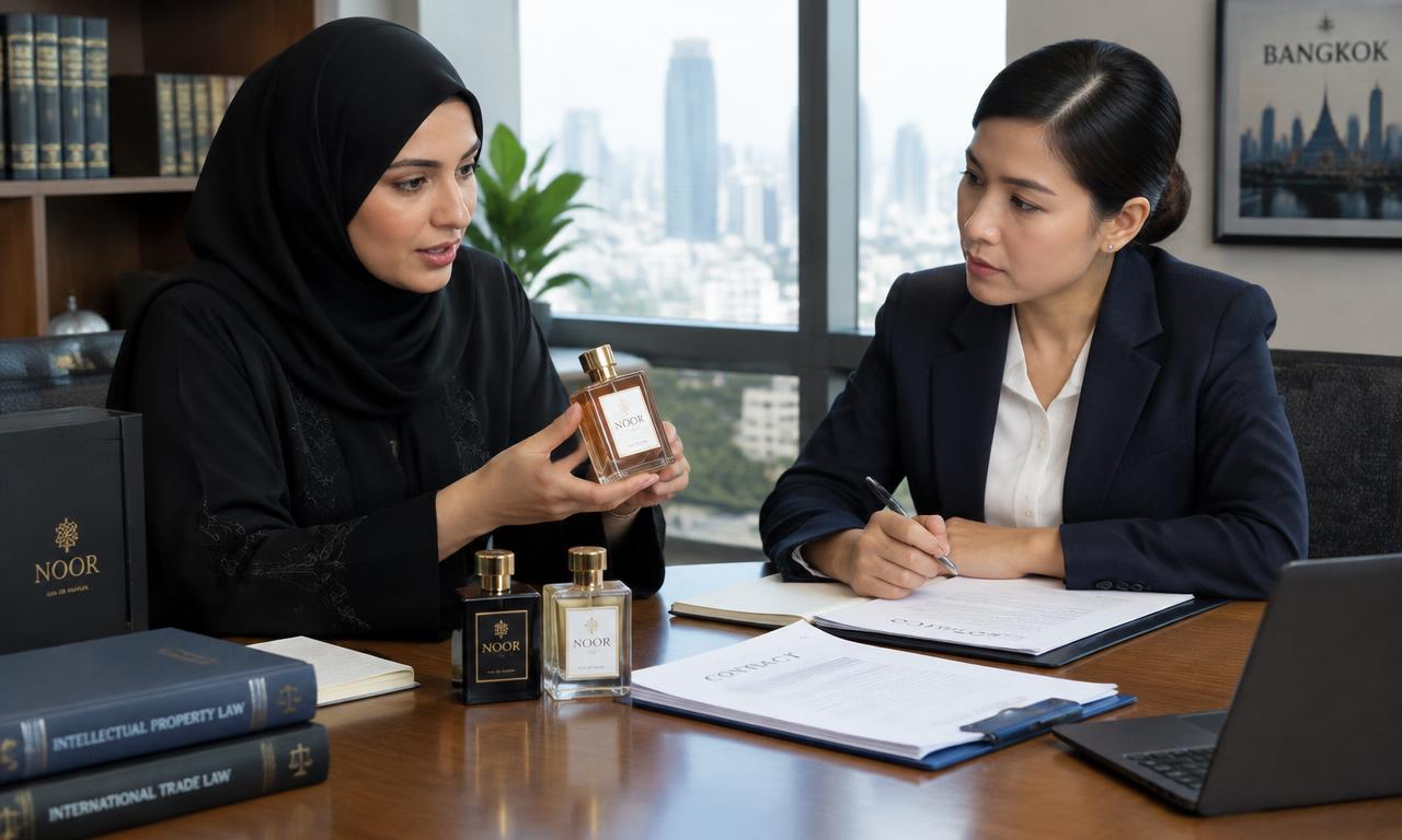 سيدة أعمال عربية تعرض زجاجات عطر تحمل علامتها التجارية على محامية تايلاندية في مكتب ببانكوك