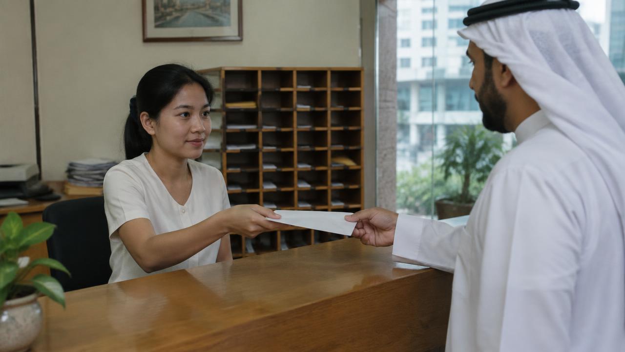 موظفة استقبال في مركز أعمال ببانكوك تسلّم عميلاً رسالة مستلمة