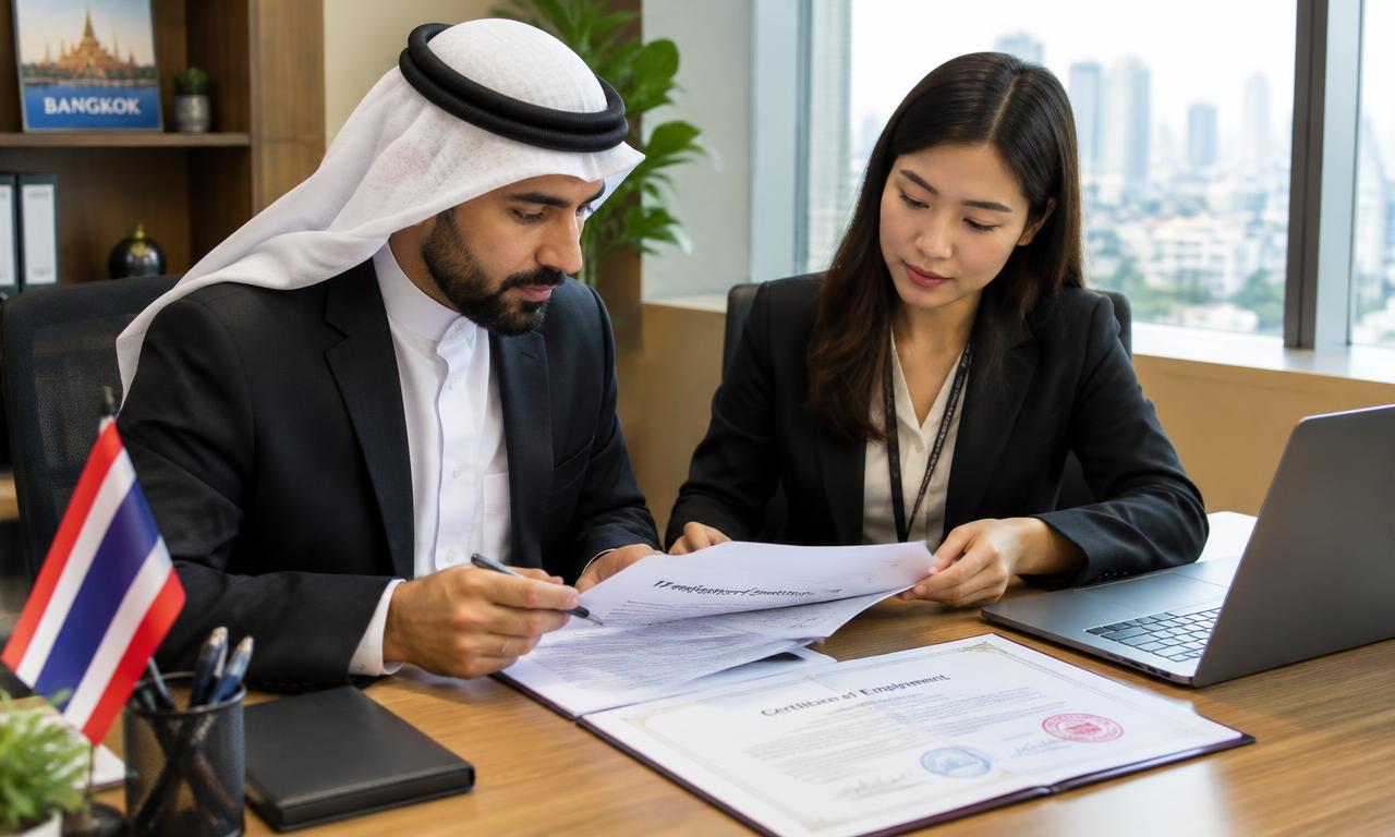 رجل أعمال عربي ومساعدة تايلاندية يراجعان عقد العمل وشهادة خبرة مختومة في مكتب ببانكوك