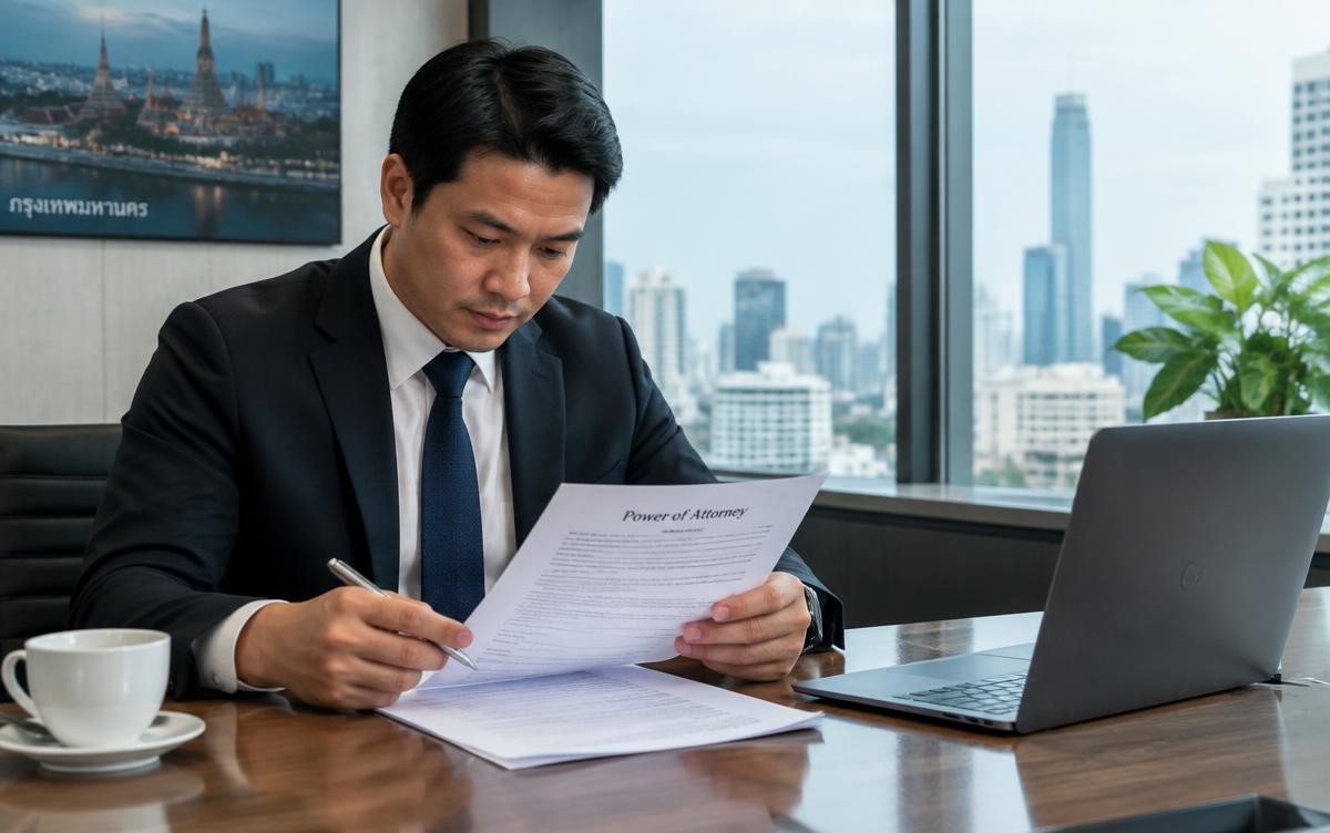 Thai businessman reviewing a power of attorney draft for use in Argentina