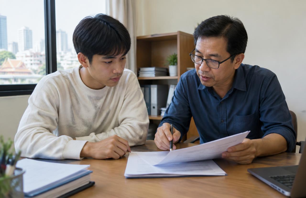 Thai student discussing admission papers with a translator