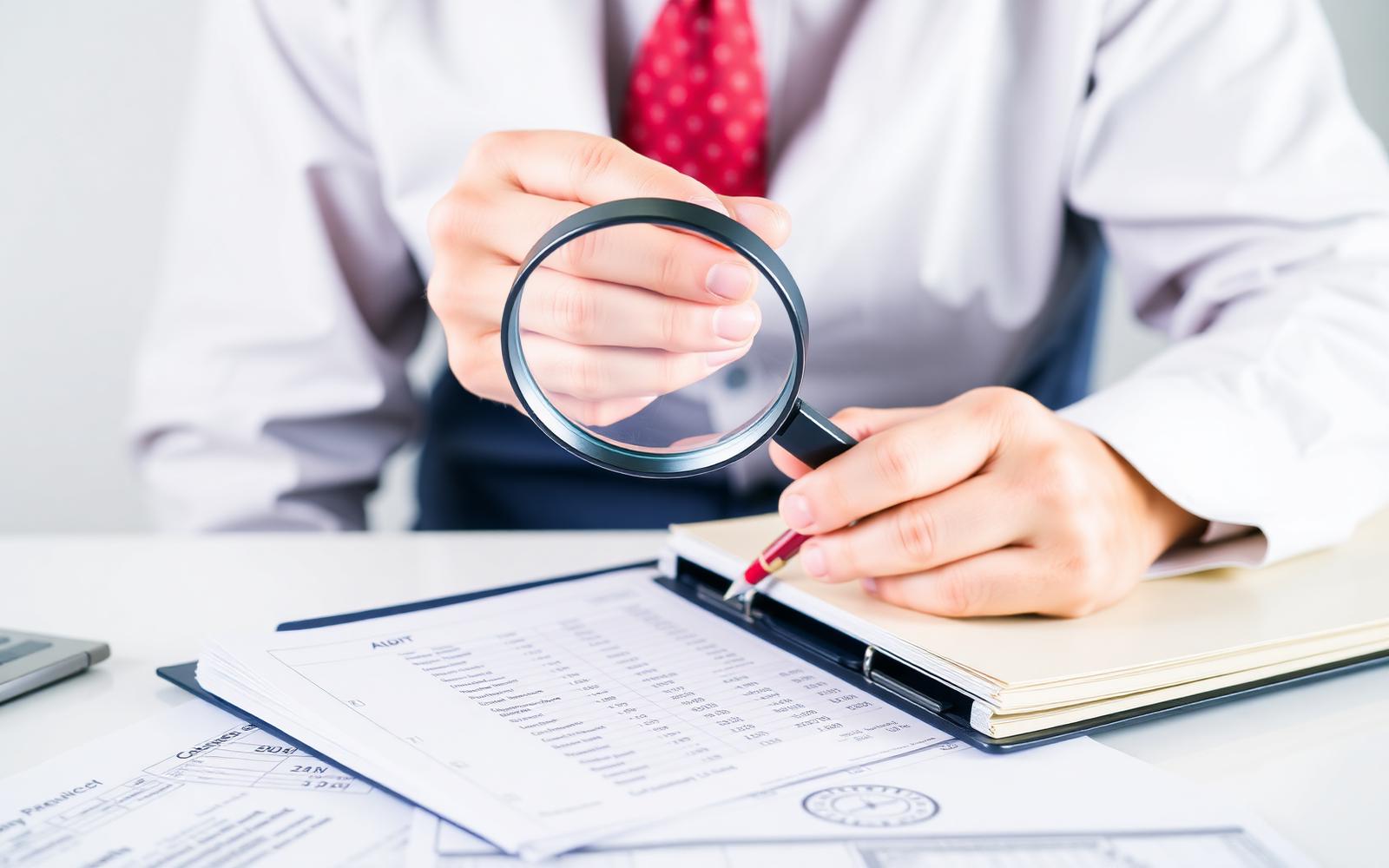 ตรวจสอบบัญชีโดย CPA — ผู้สอบบัญชีตรวจงบการเงินด้วยแว่นขยายและปากกาแดง แฟ้ม Audit Report
