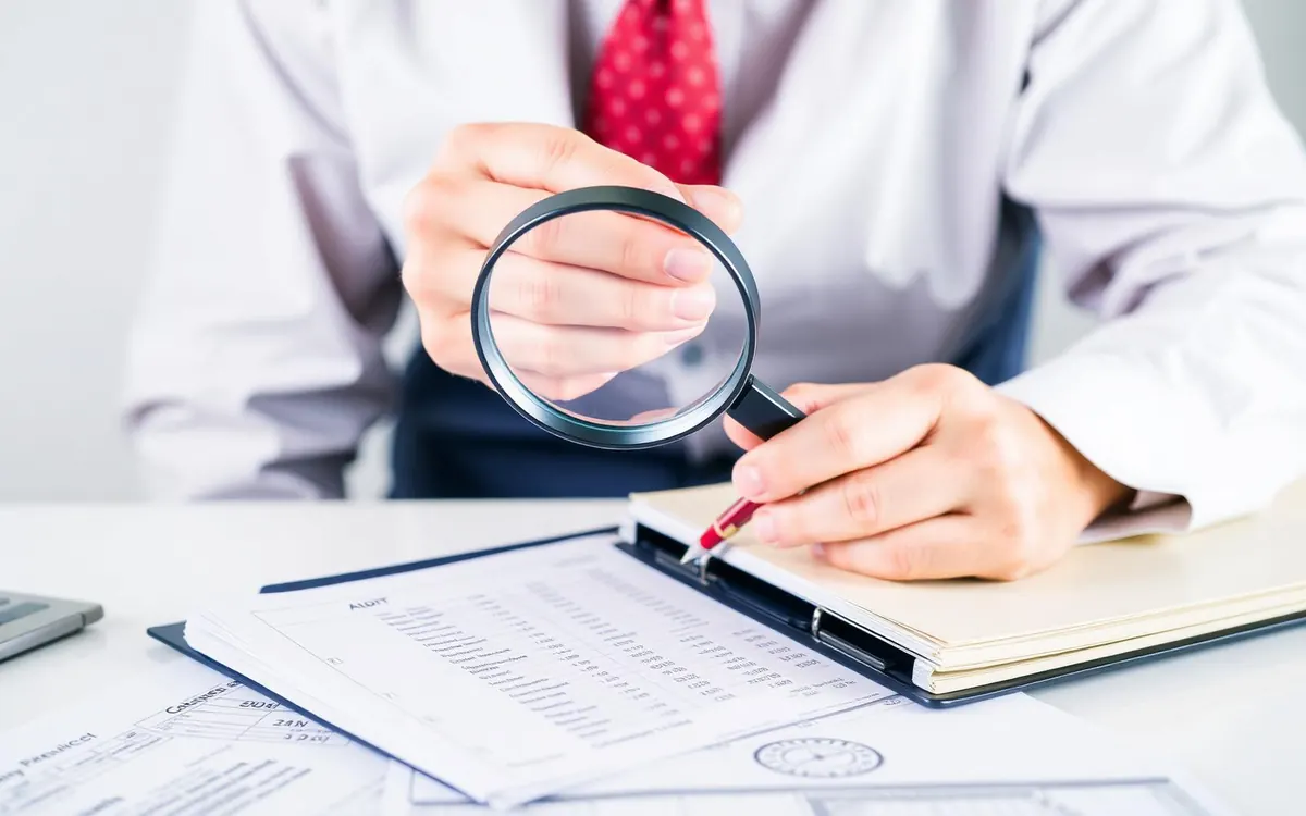 ตรวจสอบบัญชีโดย CPA — ผู้สอบบัญชีตรวจงบการเงินด้วยแว่นขยายและปากกาแดง แฟ้ม Audit Report