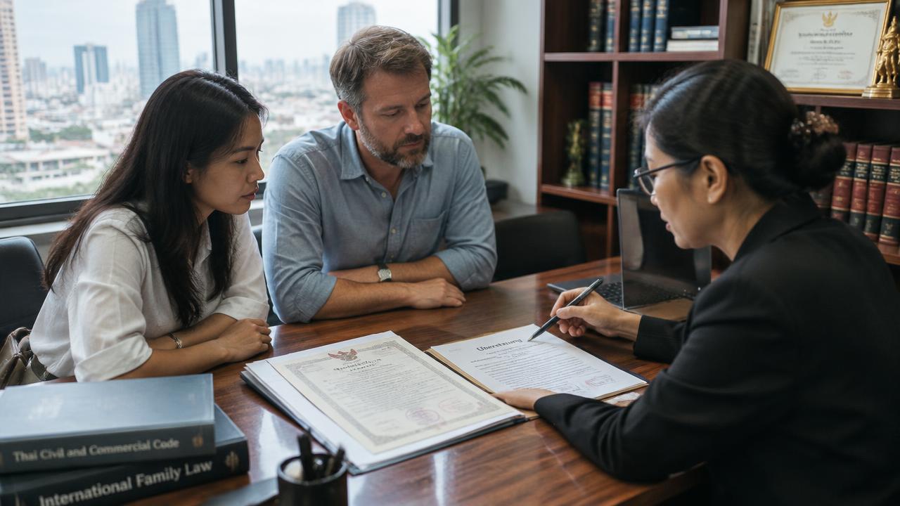 Thai-Austrian couple checking a marriage certificate and German translation with a lawyer