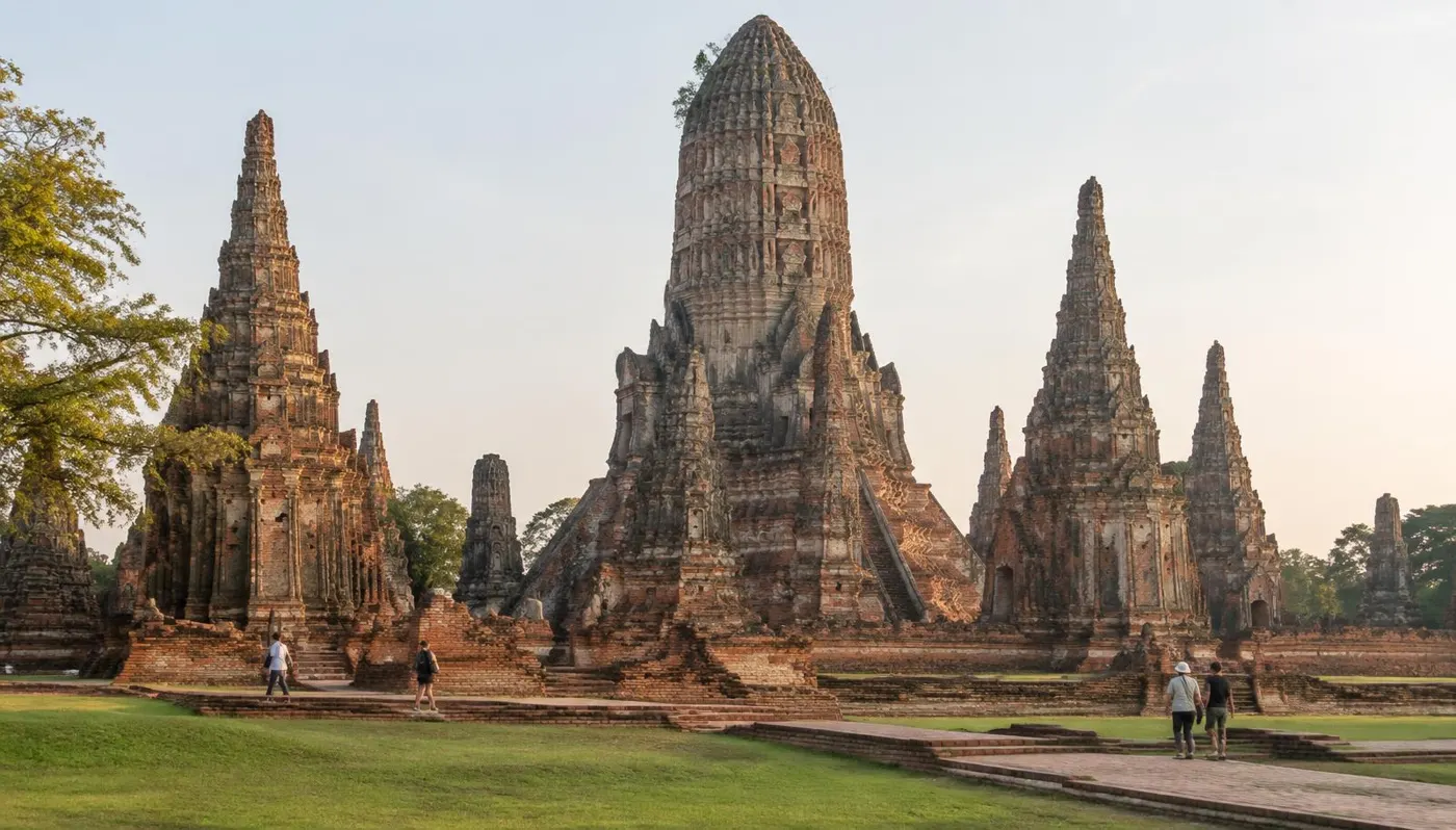 ปรางค์อิฐโบราณในอุทยานประวัติศาสตร์พระนครศรีอยุธยายามเช้า