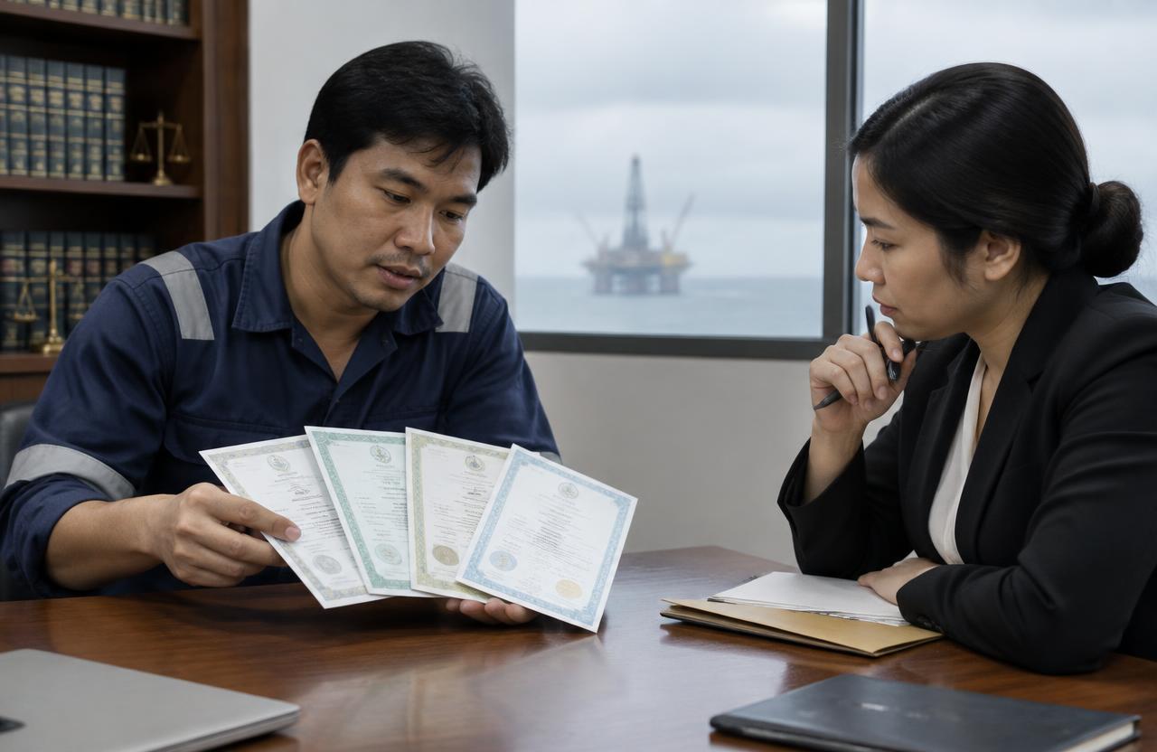 Thai oil technician showing safety-training certificates