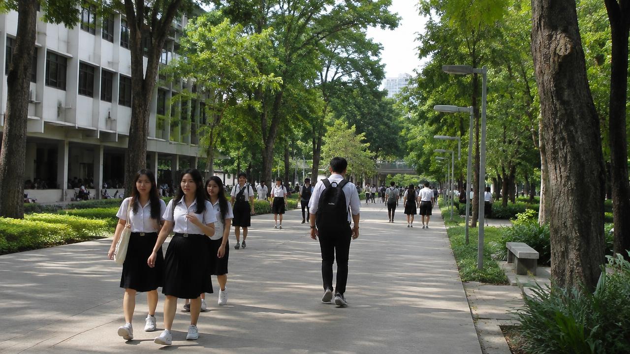 นักศึกษาในชุดนักศึกษาเดินบนทางเดินร่มรื่นในมหาวิทยาลัย