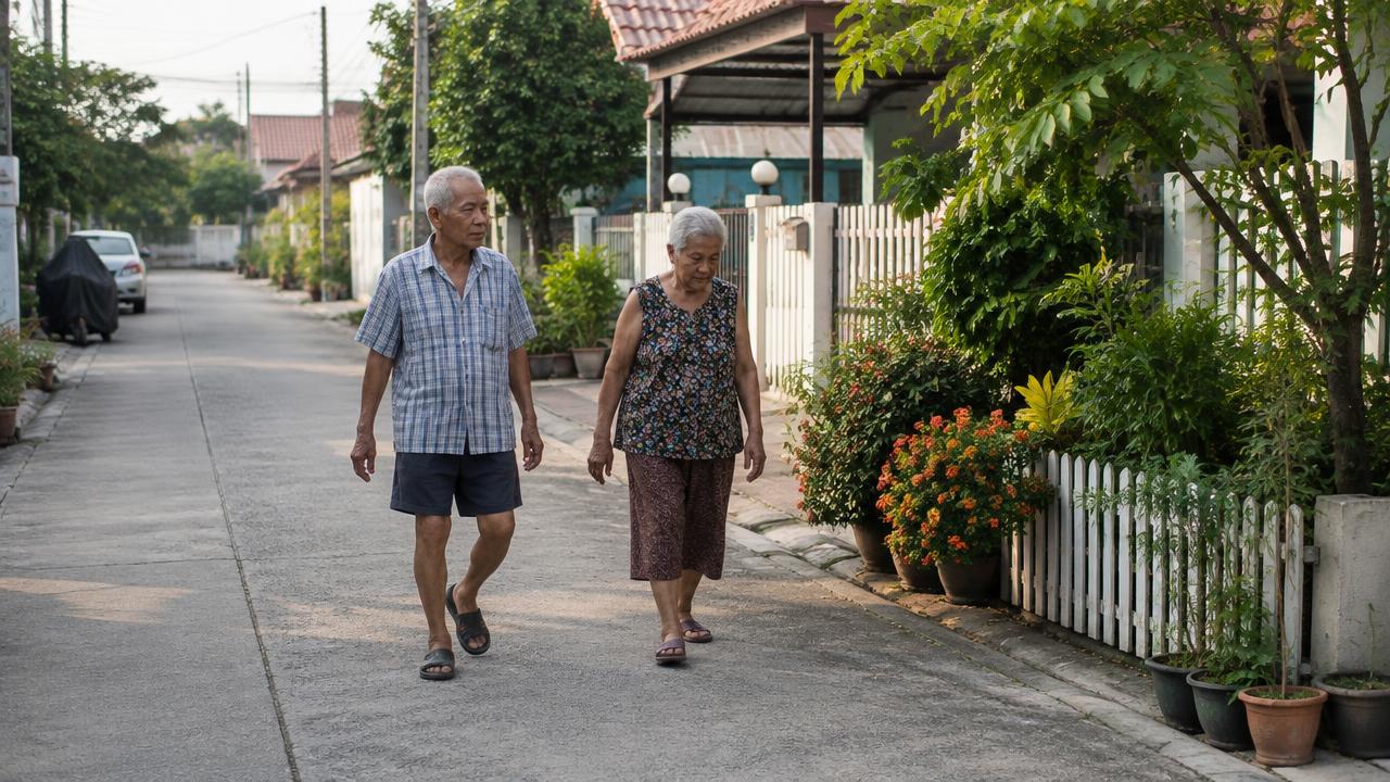 สามีภรรยาสูงอายุเดินเล่นในซอยหมู่บ้านที่มีต้นไม้และกระถางดอกไม้