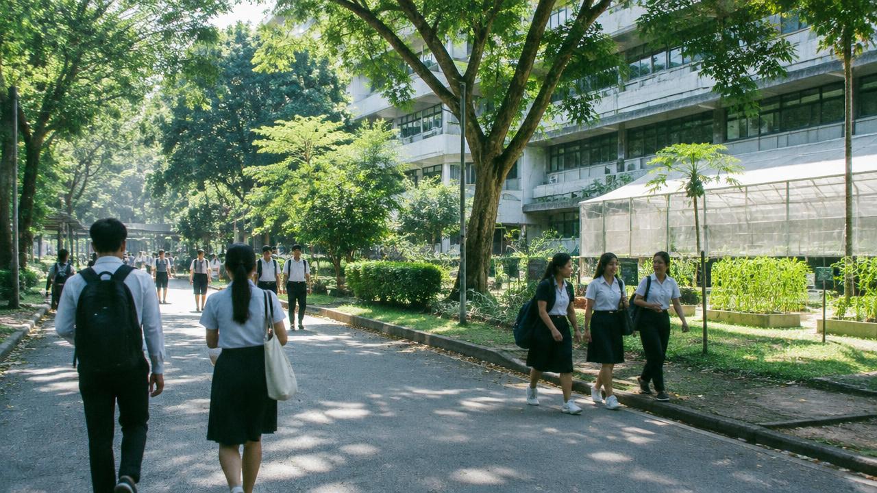 นักศึกษาเดินบนถนนร่มรื่นในมหาวิทยาลัย ข้างอาคารและโรงเรือนแปลงทดลอง