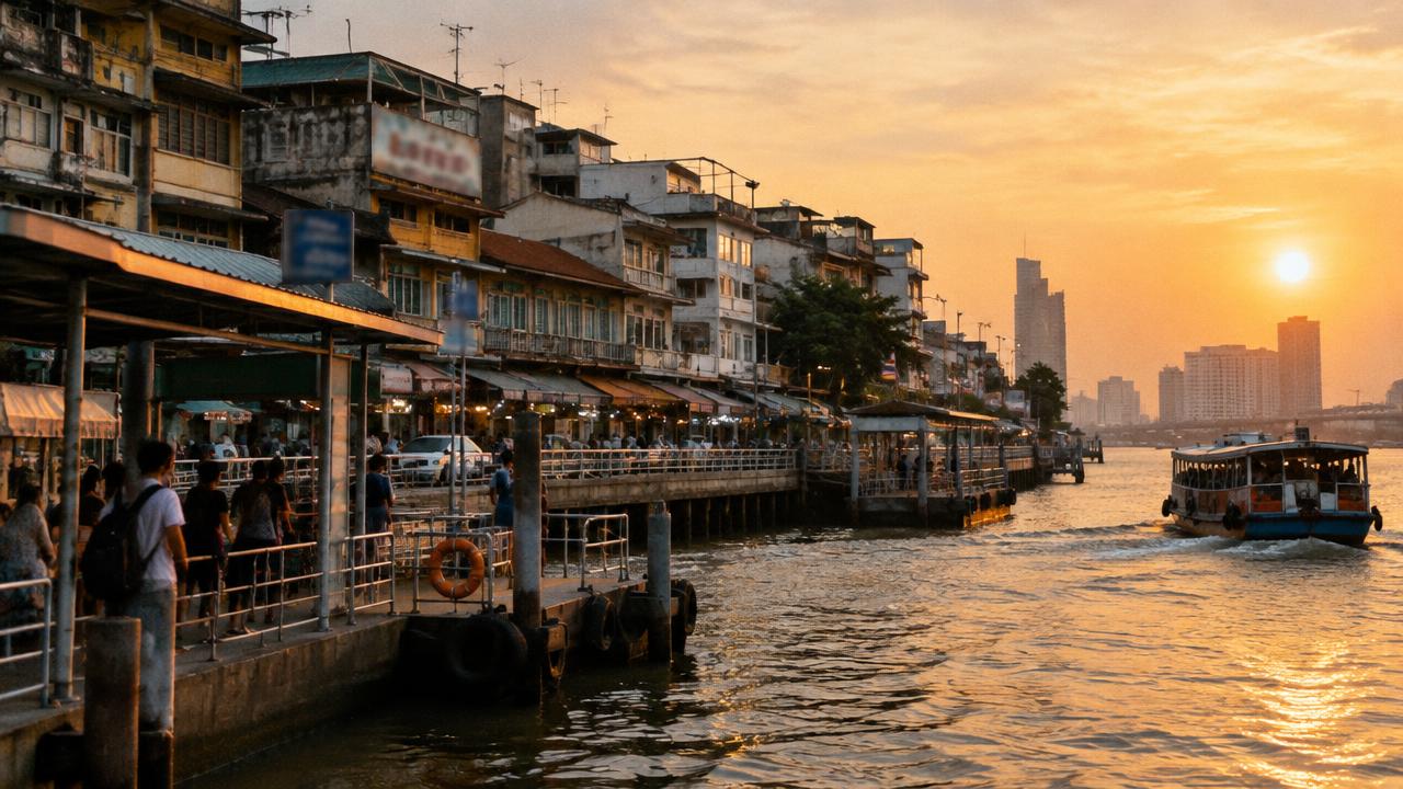 เรือโดยสารแล่นเข้าท่าริมแม่น้ำหน้าตึกแถวเก่า ยามพระอาทิตย์ตก