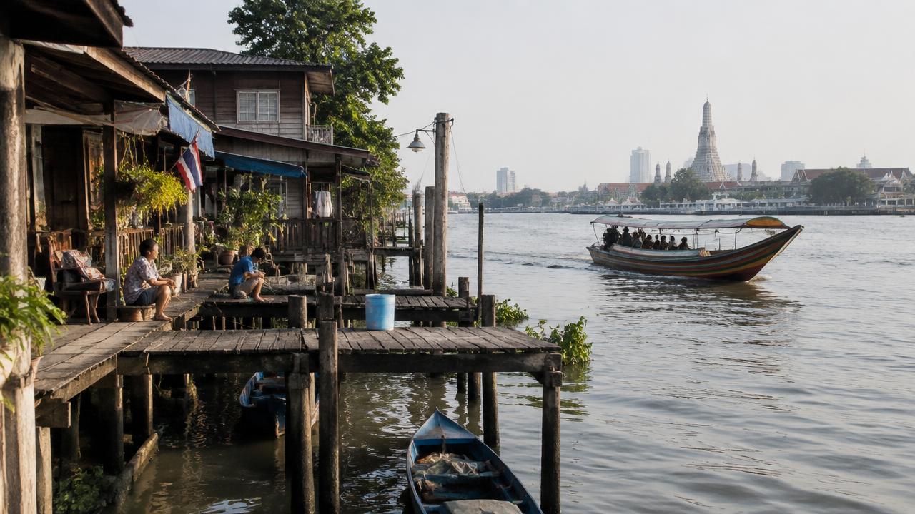 บ้านไม้ริมแม่น้ำเจ้าพระยาพร้อมท่าน้ำ มีเรือหางยาววิ่งผ่าน