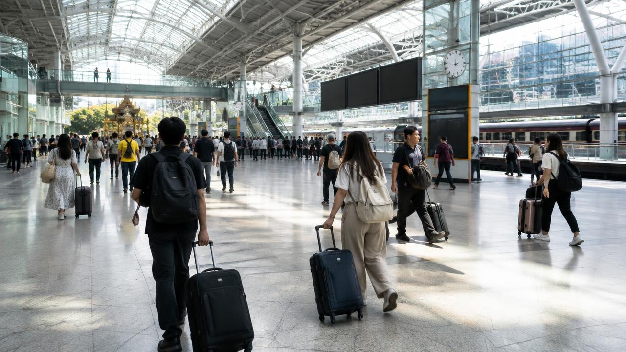 ผู้โดยสารลากกระเป๋าเดินทางในโถงสถานีรถไฟขนาดใหญ่ที่มีหลังคาโปร่งแสง