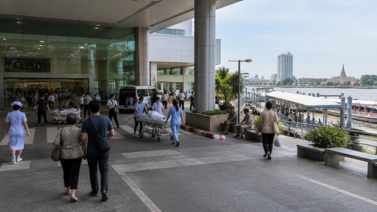 ผู้ป่วยและญาติเดินบริเวณโรงพยาบาลริมแม่น้ำในเขตบางกอกน้อย