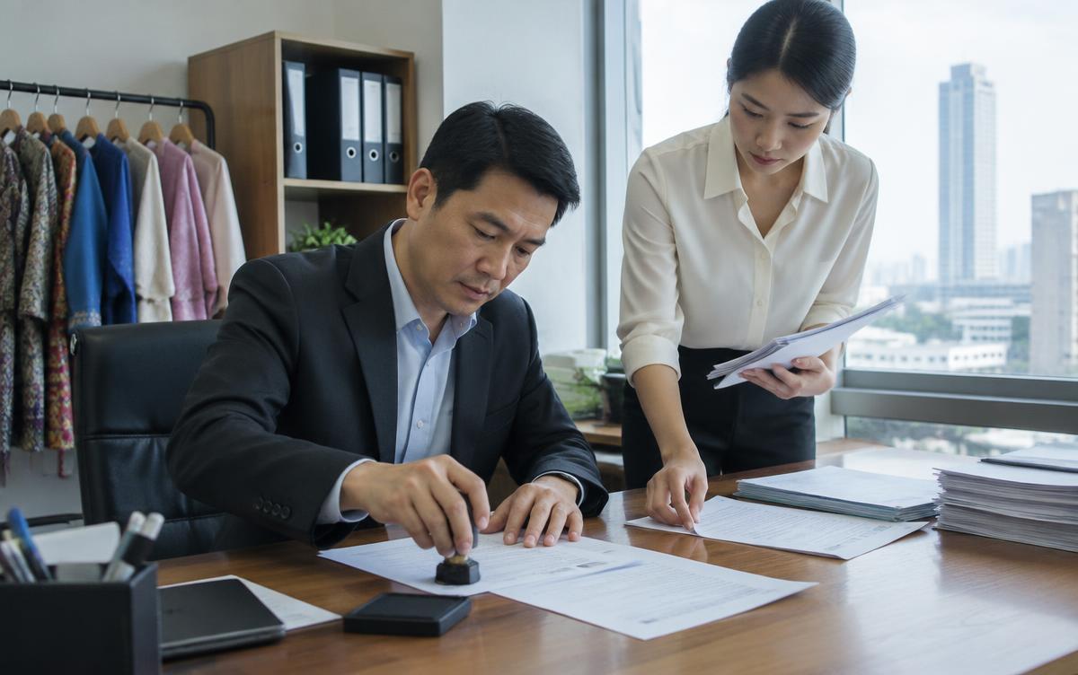 Thai garment company manager stamping export documents