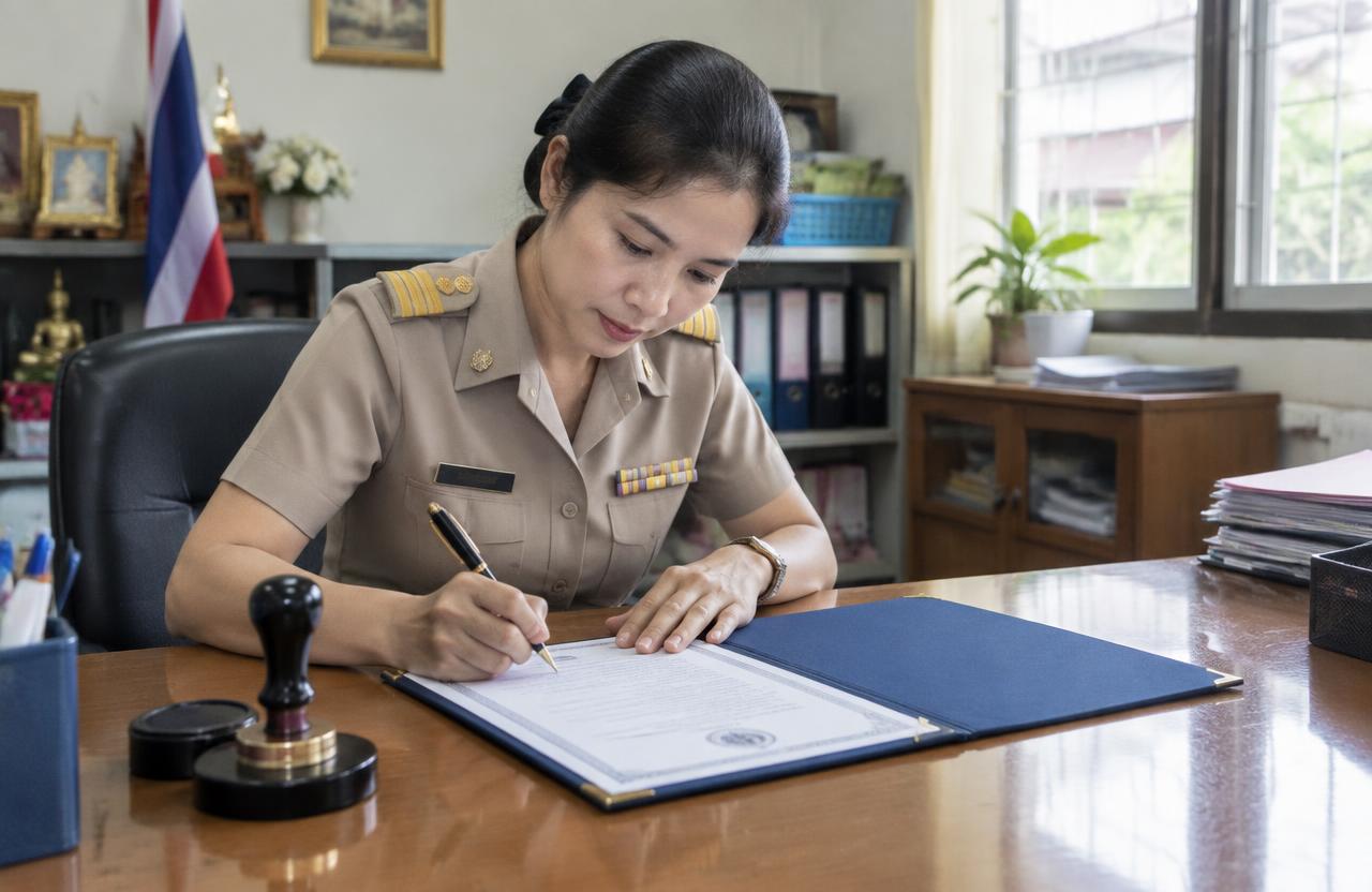 Thai civil-servant teacher signing a certified document