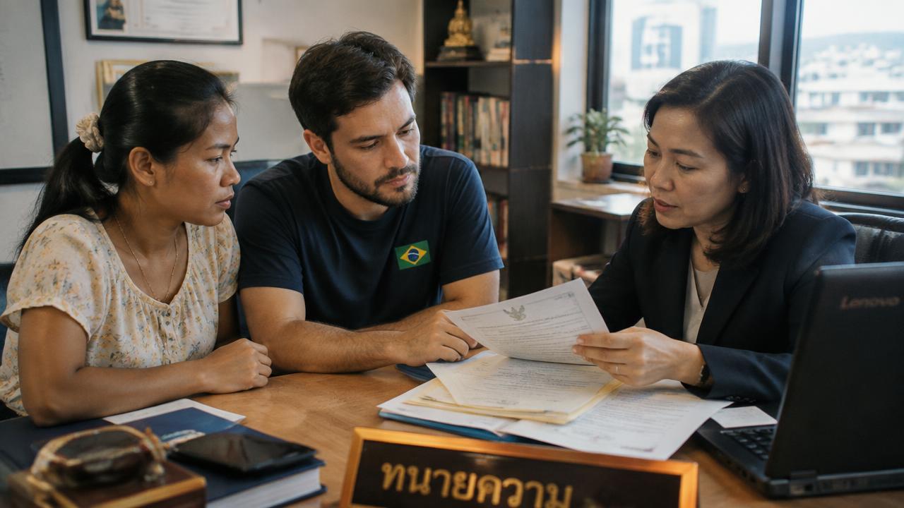 Thai-Brazilian couple reviewing their child's birth certificate with a lawyer