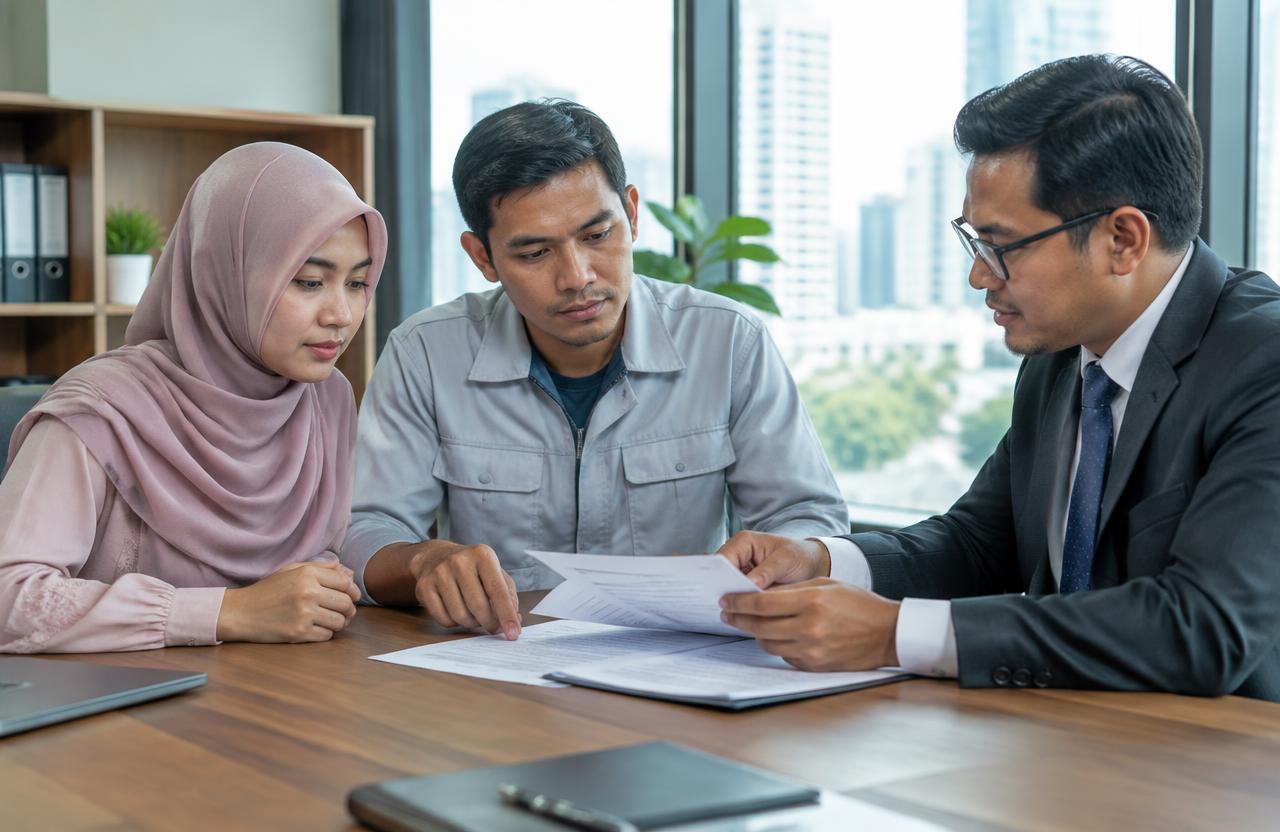 Thai Muslim family reviewing employment documents with a lawyer