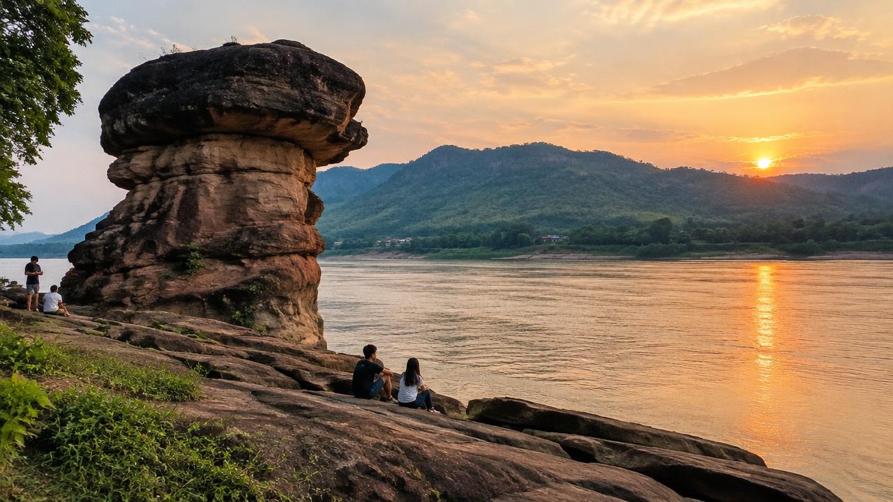 หินทรายรูปทรงแปลกริมแม่น้ำโขงยามพระอาทิตย์ตก มองเห็นภูเขาฝั่งลาว จังหวัดบึงกาฬ