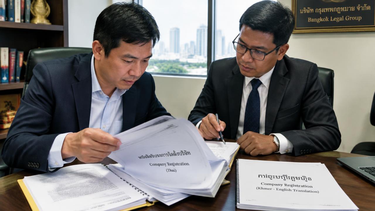 Thai businessman reviewing company registration and a Khmer-English translation with a lawyer