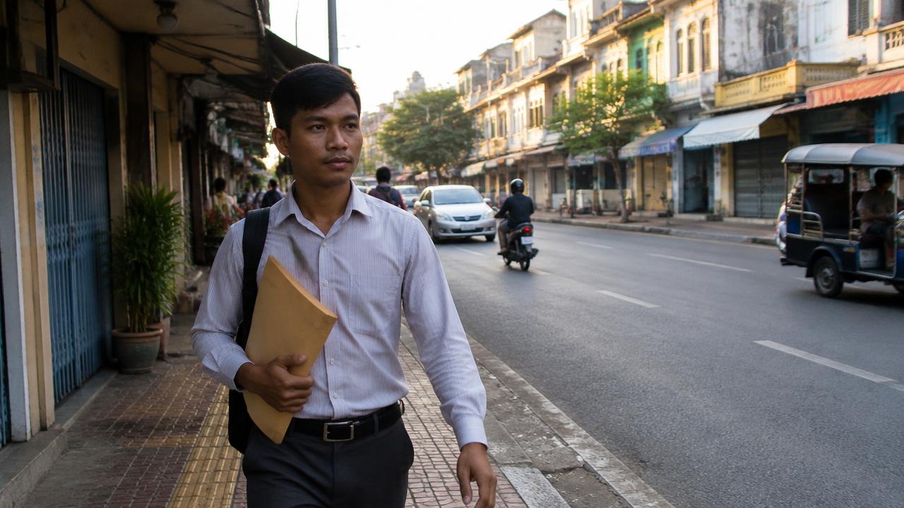 ชายกัมพูชาถือซองเอกสารเดินบนทางเท้าข้างถนนที่มีตึกแถวเก่าในกรุงเทพฯ