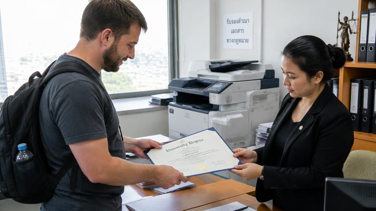 Canadian man handing a degree certificate to a Thai lawyer for copy certification