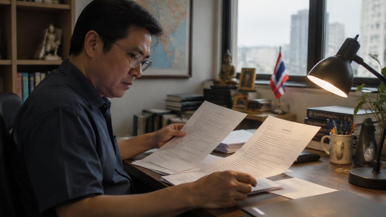 นักแปลชายชาวไทยสวมแว่นเทียบเอกสารต้นฉบับกับฉบับแปลที่โต๊ะทำงาน