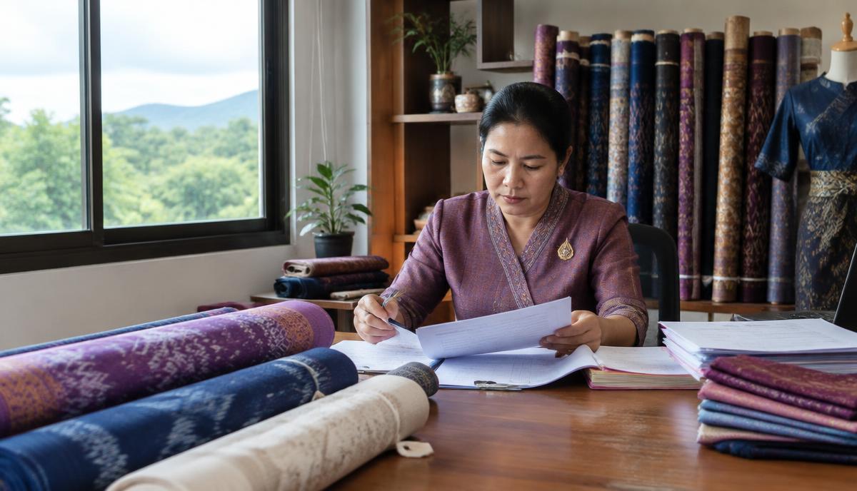 ผู้ประกอบการผ้าไหมในชัยภูมิตรวจเอกสารท่ามกลางม้วนผ้า