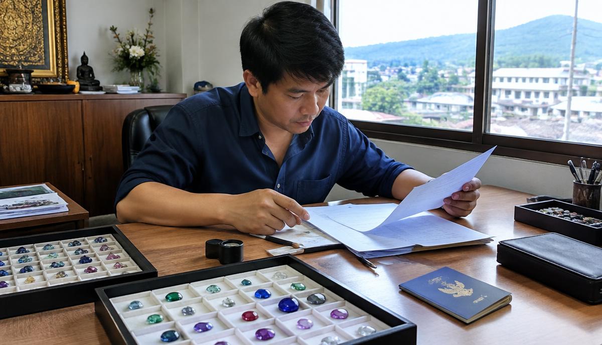 พ่อค้าอัญมณีในจันทบุรีตรวจเอกสารข้างถาดพลอยและแว่นขยาย