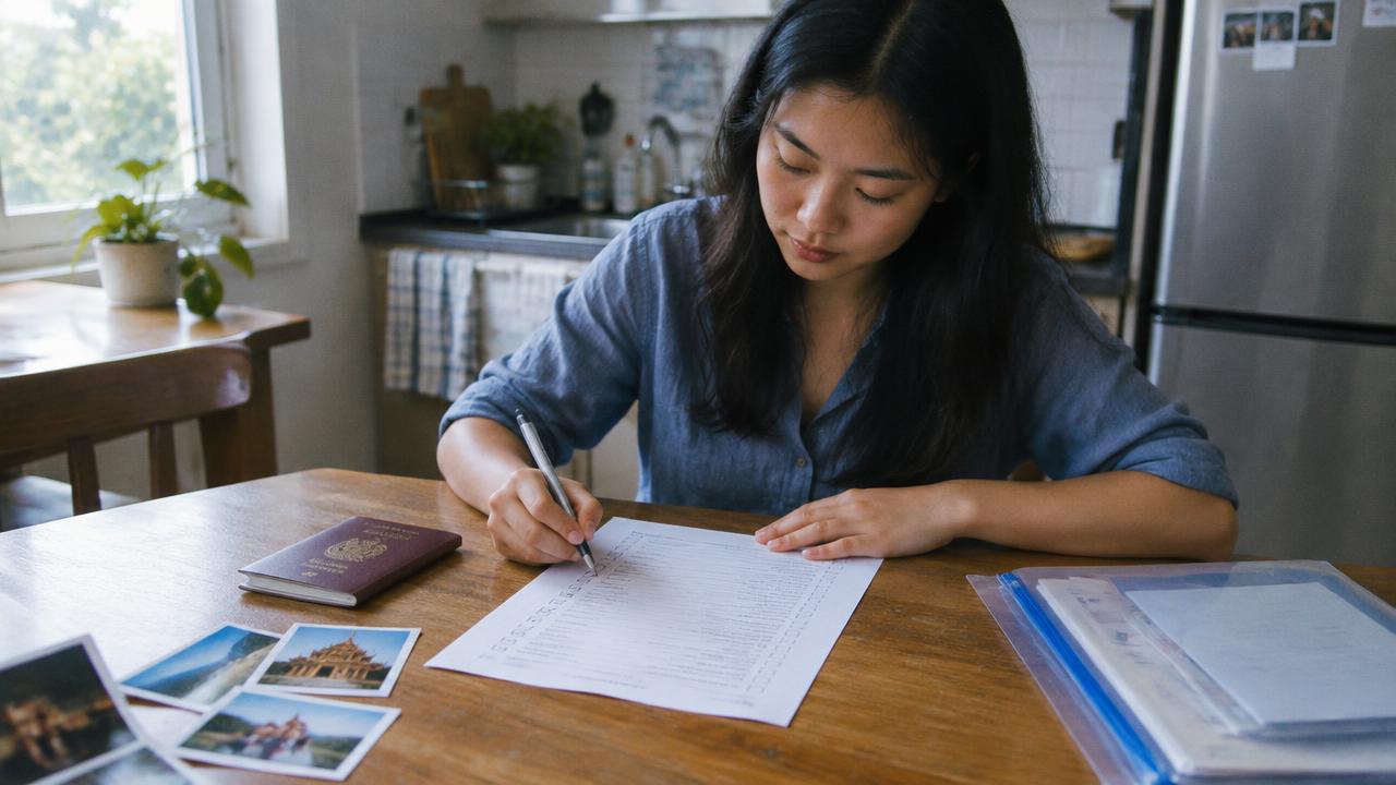 หญิงสาวติ๊กรายการในเช็กลิสต์ที่โต๊ะ มีหนังสือเดินทาง รูปถ่าย และแฟ้มเอกสารวางข้าง ๆ