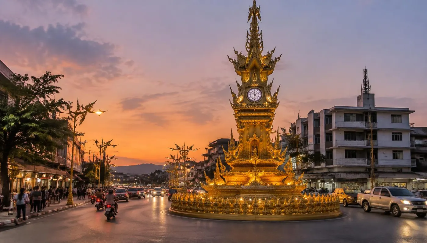 หอนาฬิกาสีทองกลางเมืองเชียงรายยามพลบค่ำ