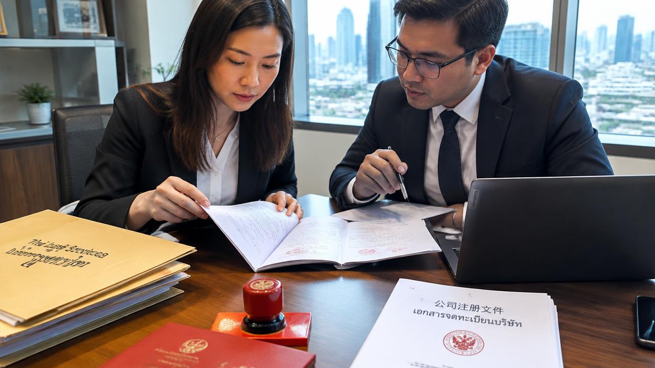 Chinese businesswoman checking bilingual Chinese-Thai documents with a Thai lawyer