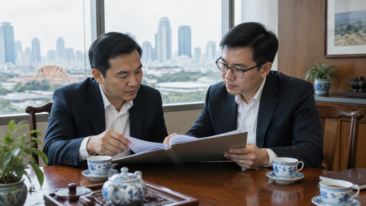 นักธุรกิจไทยและคู่ค้าชาวจีนตรวจแฟ้มเอกสารบริษัทที่โต๊ะน้ำชาในสำนักงานกรุงเทพฯ