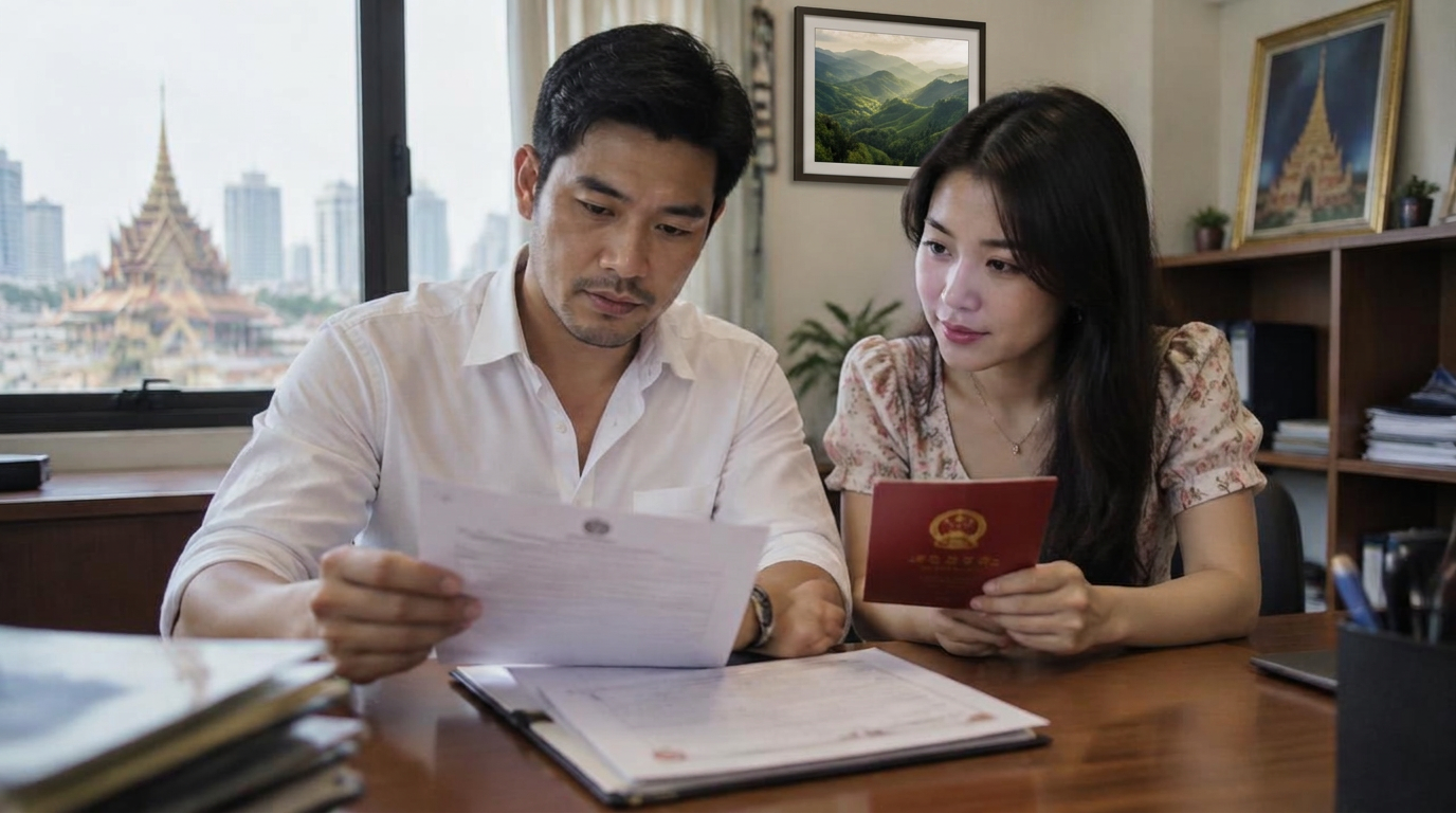 คู่รักไทย-จีนนั่งตรวจเอกสารสมรสที่โต๊ะในสำนักงาน
