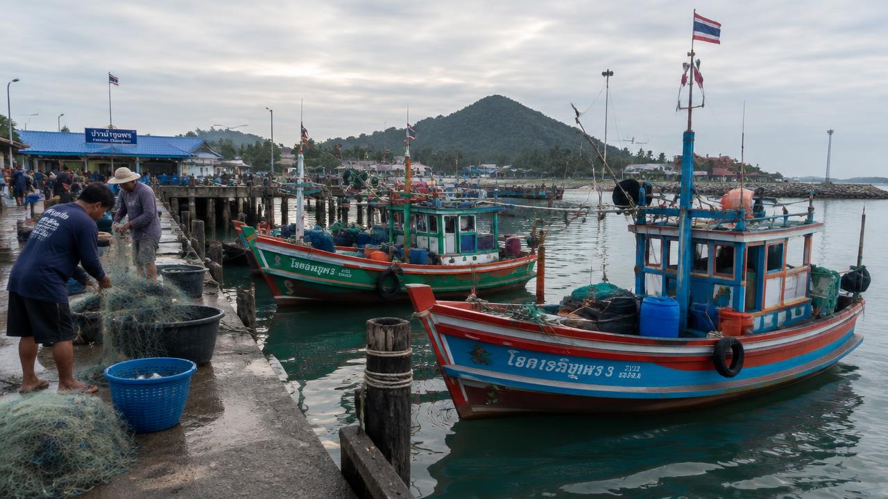 ท่าเรือประมงปากน้ำชุมพรยามเช้า เรือประมงไม้หลากสีจอดเรียงริมท่า ชาวประมงกำลังคัดแยกอวน
