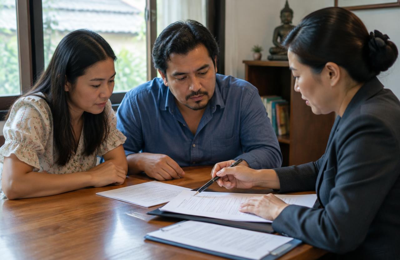 Thai-Colombian couple reviewing marriage documents with a lawyer