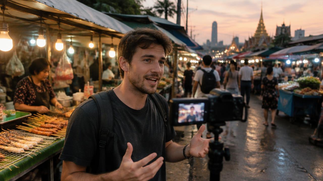 ครีเอเตอร์ชาวต่างชาติถ่ายวิดีโอที่ตลาดอาหารริมทางในกรุงเทพฯ