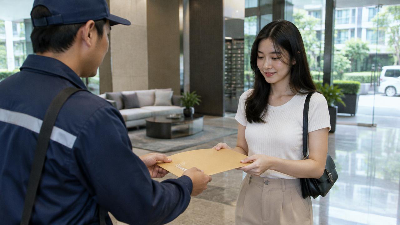 พนักงานส่งเอกสารยื่นซองเอกสารให้หญิงสาวที่ล็อบบี้คอนโด