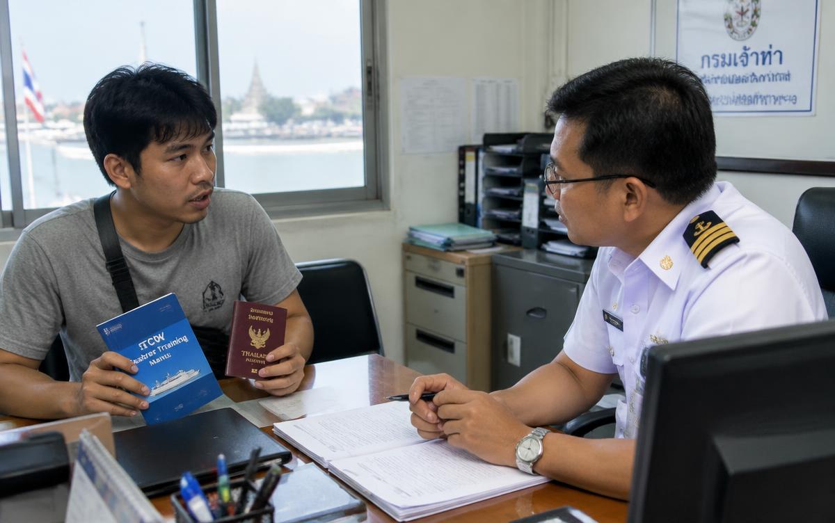 Thai cruise crew member with a training book and passport meeting an officer