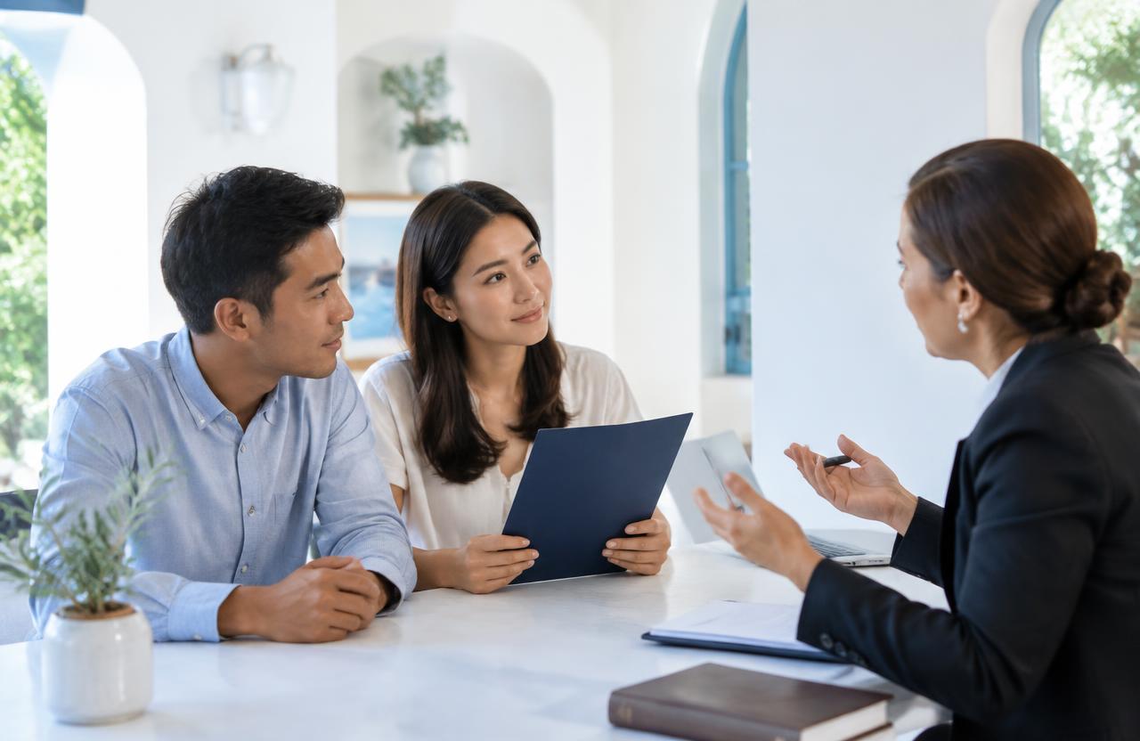 Thai couple with a marriage-certificate folder consulting a lawyer