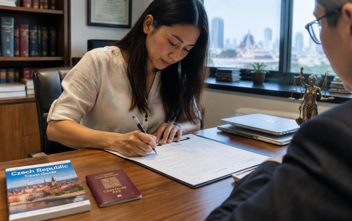 Thai woman signing documents before a lawyer ahead of a Czech residence filing