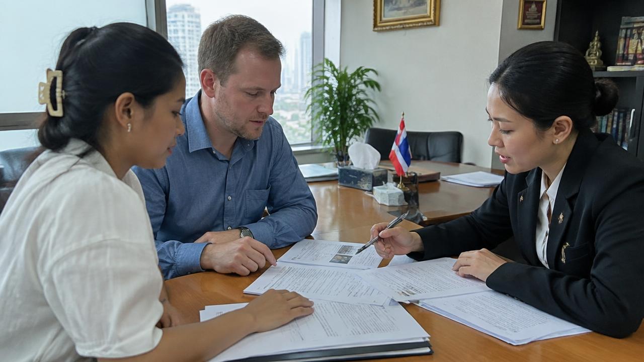 Thai-Danish couple reviewing marriage and housing documents with a lawyer